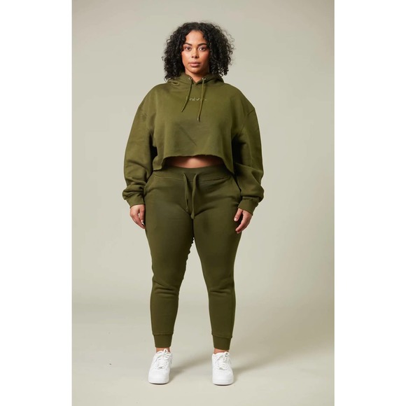 BABES Set Olive Green Comfy Sweatsuit Lounge Jogger + Hoodie Size M - Picture 2 of 9